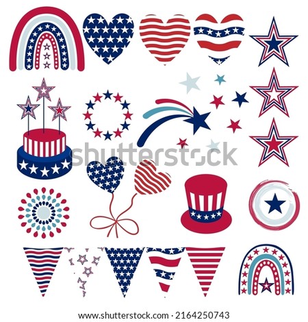 4th of July clip art elements set, American Independence day, Blue, White and Red, Stars, Rainbows, USA flag, Patriotic hearts, celebration, Hand drawn vector illustration