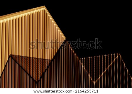 Metal walls of industrial building. Pitched roof. Abstract modern architecture of warehouse in minimal style. Material geometric pattern with triangles, polygons, angular structure and parallel lines.