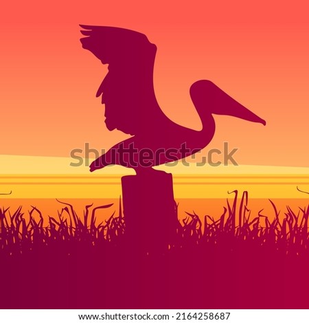 Black silhouette of a pelican against a sunrise, sunset