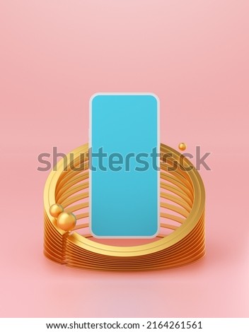 Beauty concept mockup of a smartphone device is floating in the air inside golden rings. Abstract phone mockup. 3D rendering