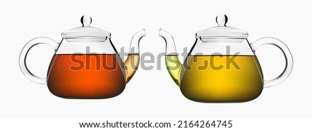 Glass teapot with brewed black, green or herbal tea on white isolated background. Realistic teapot or tea pot. Vector illustration Royalty-Free Stock Photo #2164264745