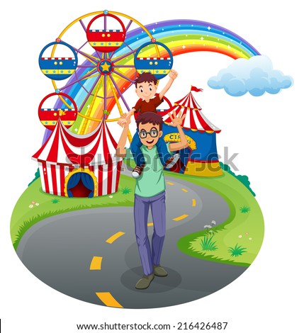 Illustration of a boy and his father at the amusement park on a white background