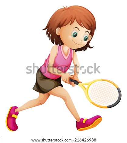 Illustration of a cute little girl playing tennis on a white background