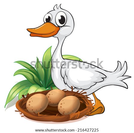 Illustration of a duck beside her nest on a white background