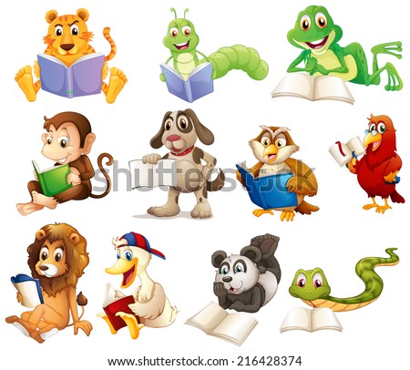 Illustration of a group of animals reading on a white background