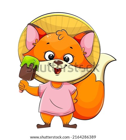 Cute funny fox holding ice cream. Cheerful foxy cartoon character. 
