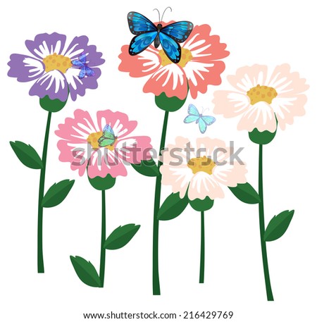 Illustration of the fresh flowers with butterflies on a white background