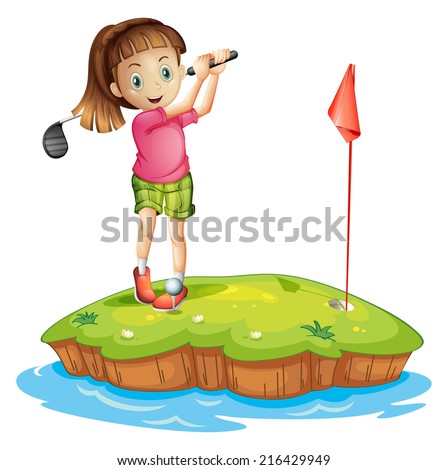 Illustration of a cute little girl golfing on a white background