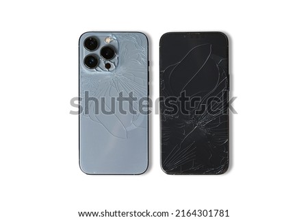 crack screen mobile phone and Smartphone back view glass broken isolated on white background.
