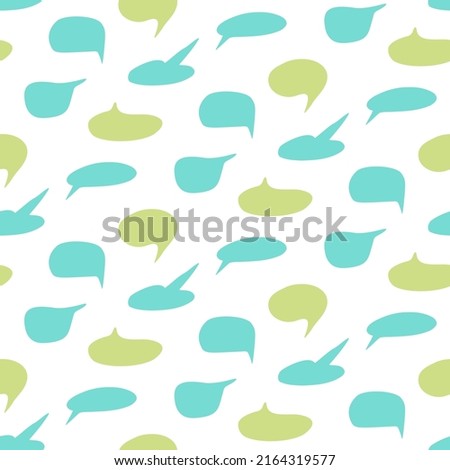 Seamless pattern with handwritten speech bubbles. Dialogue balloons drawing in cartoon flat style. Flat vector clip art. Colored blue green figures from freehand.  illustration on white background.