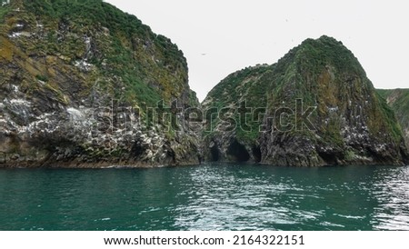 Rocky islands in the Pacific Ocean. Sparse vegetation on steep slopes. Bird's nest on rocks. Dark caves are visible above the surface of the water. Kamchatka. Avacha Bay Royalty-Free Stock Photo #2164322151
