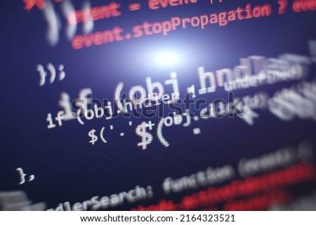 Programming code screen of software developer. Software Programming Work Time. Code text written and created
