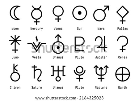 Signs and symbols of planets, celestial. Esotericism and astrology.