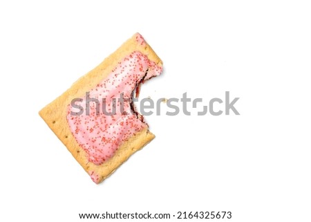 Hot Strawberry Iced Toaster Pastry with Sprinkles Isolated on White Background Toasted Frosted breakfast stuffed Tart cookies Bite Taken out and bitten Royalty-Free Stock Photo #2164325673