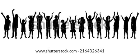 Cheerful crowd of children. Silhouettes of saluting, applauding, thumb up. Happy boys and girls in full growth. Vector illustration Royalty-Free Stock Photo #2164326341