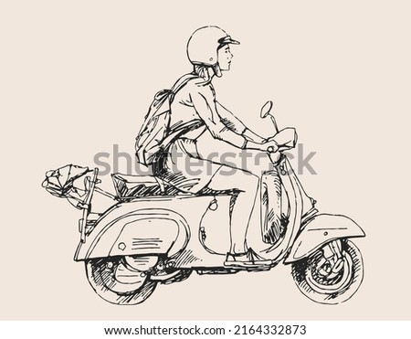 black scooter art sketch. vintage transport t-shirt design. scooter illustration painting.