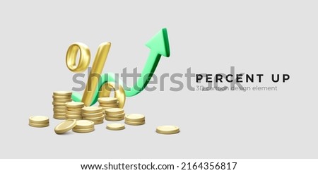 Stacks of gold coins and percent sign with green up arrow. Business or startup success. Vector illustration Royalty-Free Stock Photo #2164356817