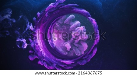 Ink water splash. Vapor cloud motion round portal. Logo reveal effect. Purple white color dye flow on dark black abstract art background shot on Red Cinema camera 6k. Royalty-Free Stock Photo #2164367675