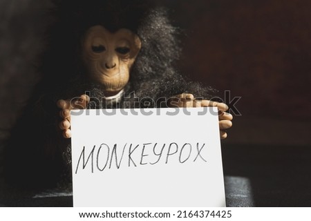 Monkeypox virus concept. Monkey toy holding sign with word MONKEYPOX.