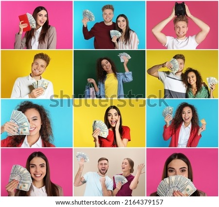 Collage with photos of happy people holding money on different color backgrounds