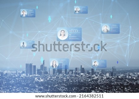 CV online to choose the perfect employee for business. Modern technologies for simplifying the human resources system. HR (human resources) technology. City skyline background with holograms. 
