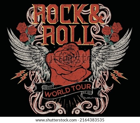 Rock and roll tour t shirt print design. Rockstar vector artwork. Eagle wing and rose flower graphic illustration. Music poster. Royalty-Free Stock Photo #2164383535