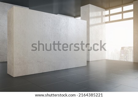 Contemporary concrete gallery interior with abstract city view, daylight and mock up place on wall. Exhibition and art concept. 3D Rendering Royalty-Free Stock Photo #2164385221