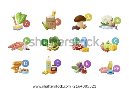 Main food macro and micronutrients. Fats, fiber or cellulose, carbs, proteins nutritious food for healthy diet. Nutrient complex diet of organic natural products, healthy vitamin groups A, B, C, D, PP Royalty-Free Stock Photo #2164385521