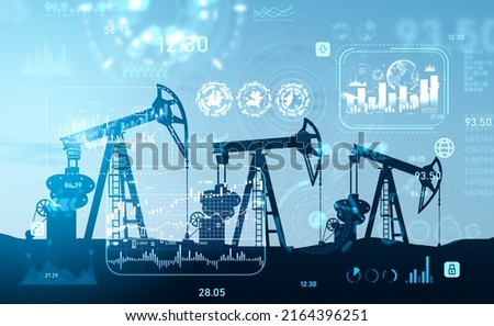 Drilling rig, quarrying oil and stock market hud with numbers and candlesticks. Financial data with chart and analysis. Concept of mining Royalty-Free Stock Photo #2164396251