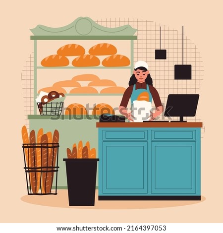 Bakery colored concept salesperson in a bakery behind the counter packs a purchase vector illustration Royalty-Free Stock Photo #2164397053