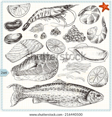 Collection of seafood, hand-drawn illustration in vintage style, set 2.