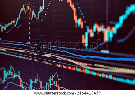 Trading online. Investing stocks. Speculation on market. Candlestick chart. Forex market. Buy cryptocurrency. Earn money. Stop loss. Take profit. Market analysis. Finance business concept background Royalty-Free Stock Photo #2164413439