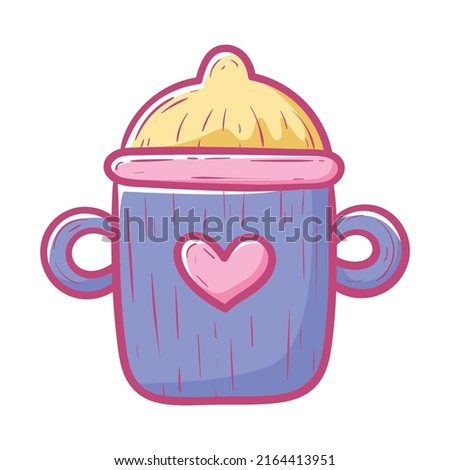 Baby drink mug with pacifier and handles, vector doodle illustration.