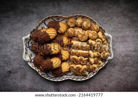 Sesame crackers cookies and Petit four marmalade and chocolate truffle garnish Royalty-Free Stock Photo #2164419777