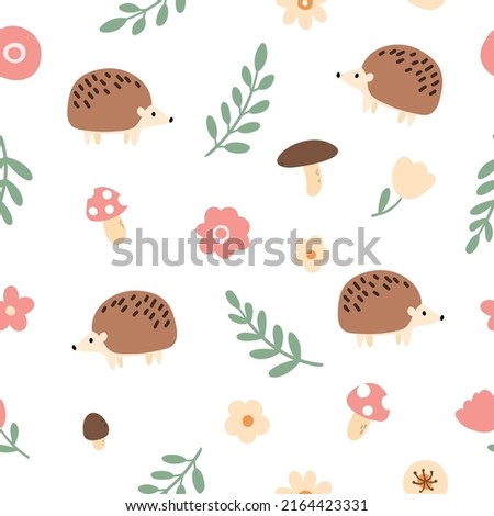 woodland animals hedgehog with flowers and leaves seamless pattern, forest digital paper, vector cute nursery background clipart