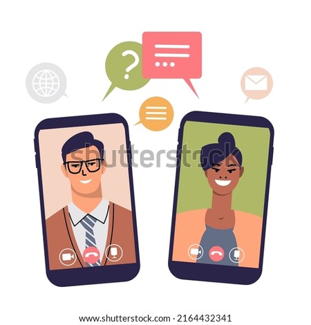 A man with glasses and a black woman communicate online using mobile phones. Businessman and business woman on phone screens with speech bubbles. The concept of virtual meetings. Flat vector isolated.