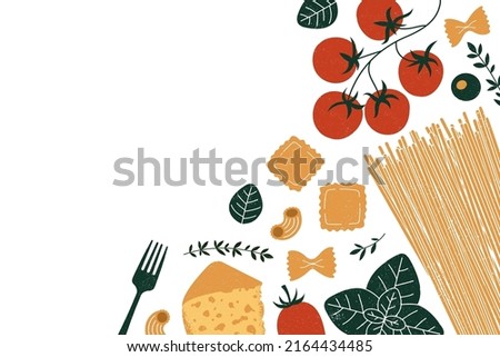 Pasta and tomatoes with garlic and basil. Textured illustration. Italian food horizontal background.