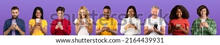 Group Of Happy Multiethnic People Of Different Age Using Mobile Phones While Standing Over Purple Background, Cheerful Multicultural Men And Women Browsing Apps On Smartphones, Collage, Panorama
