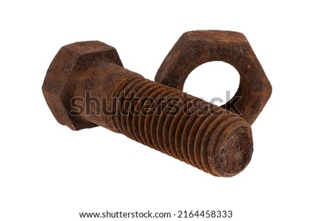 Old rusty bolt isolated on white background.Detail for design. Design elements. Macro. Full focus. Background for business cards, postcards and posters.