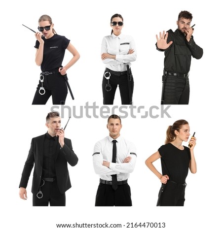 Collage of different professional security guards on white background