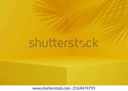 Yellow background studio interior room with tropical palm shadow. Minimal summer product stage platform mockup design. 3d render of square empty space with plant shade for product placement.