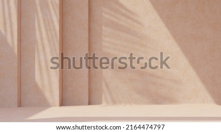 Minimal product placement background with palm shadow on beige plaster wall. Luxury summer architecture interior aesthetic. Boho home room for product platform stage mockup. Royalty-Free Stock Photo #2164474797