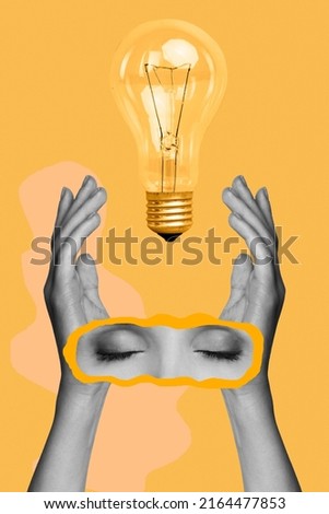 Creative abstract template graphics collage of hands eyes holding high bulb having idea isolated yellow color background