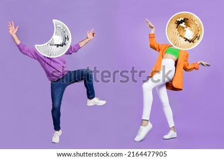 Collage creative portrait of two people dancing sun moon disco ball instead head isolated on violet background