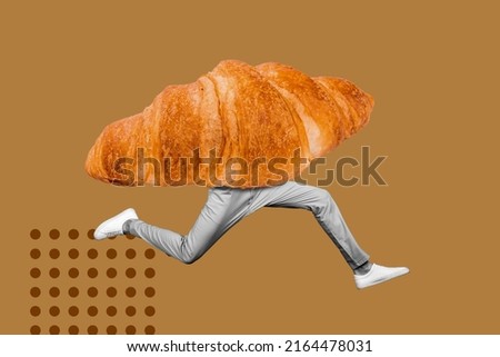 Creative collage illustration of person croissant instead body running jumping hurry buy hot bakery
