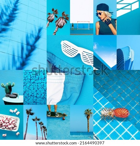Set of trendy aesthetic photo collages. Minimalistic images of one top color. Fresh Tropical Blue summer moodboard