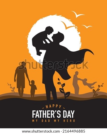 Happy Father's Day. Dad is like a big tree in the shade of which we are all free. My father is my hero. Dad and the kids are playing. Yellow background silhouette man. Vector Illustration art. Royalty-Free Stock Photo #2164496885