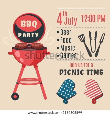 BBQ invitation 4th of July. Holiday card for American independence day. Poster, banner, flyer template for barbecue party and summer picnic. Vector illustration with brazier, steaks, meat food 