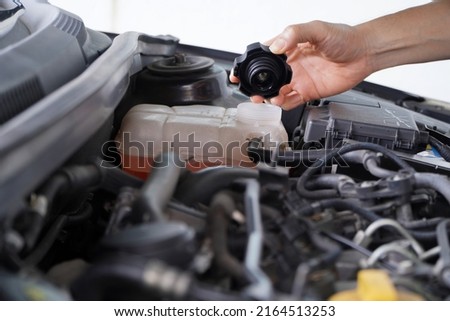 mechanic inspects the expansion tank with pink antifreeze. Vehicle coolant level in the car's radiator system. auto parts Royalty-Free Stock Photo #2164513253