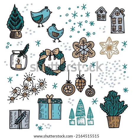 Vector set of Christmas elements: Christmas trees, houses, birds, garlands, balls, snowflakes, gingerbread cookies, spots in blue and brown colors